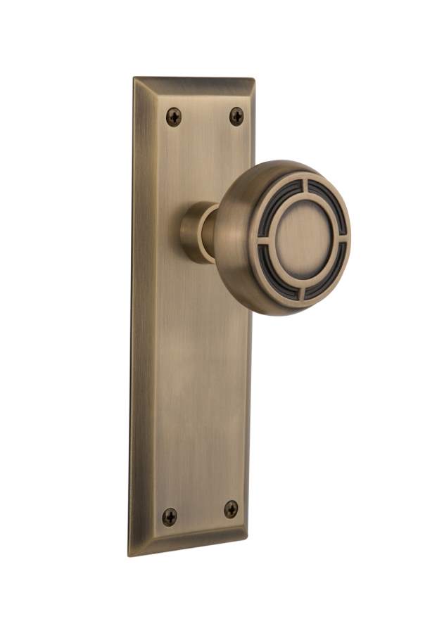 Nostalgic Passage Knob New York Plate with Mission Knob Antique Brass